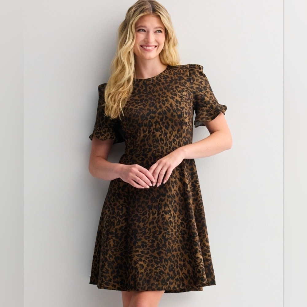Andrew Marc Flutter Sleeve Fit & Flare Leopard Print Dress